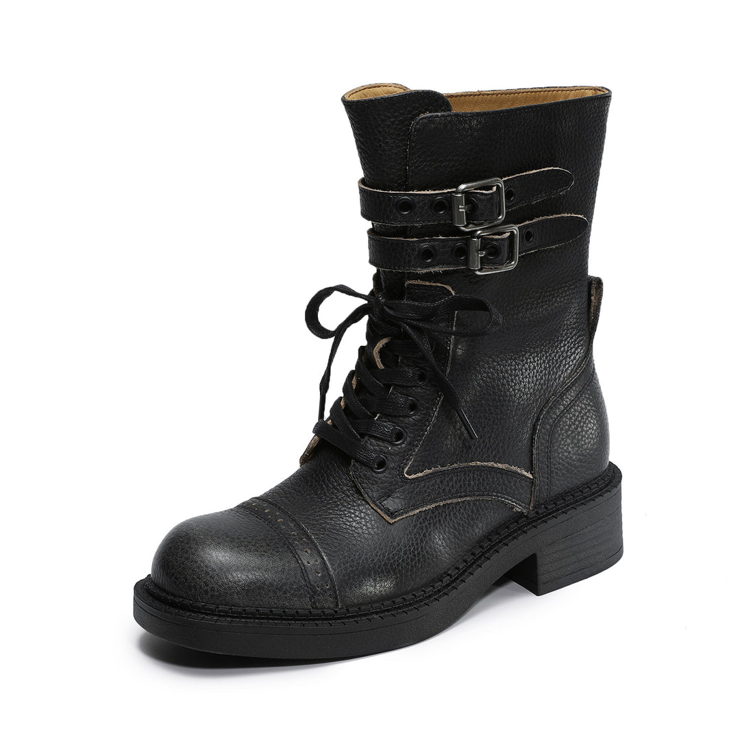 Women‘s Retro Cowhide Mid-Calf Boots Vintage Round Toe Buckle Lace-up Combat Boots