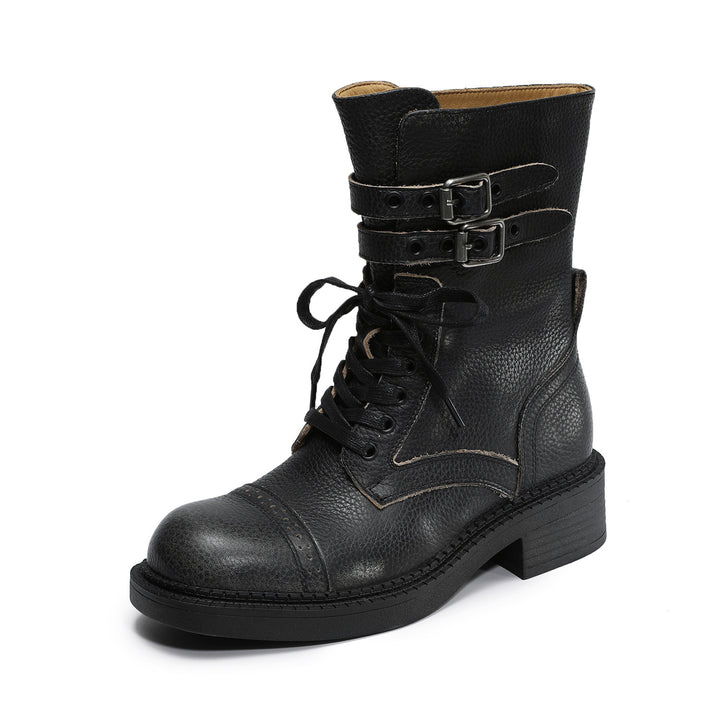 Women‘s Retro Cowhide Mid-Calf Boots Vintage Round Toe Buckle Lace-up Combat Boots