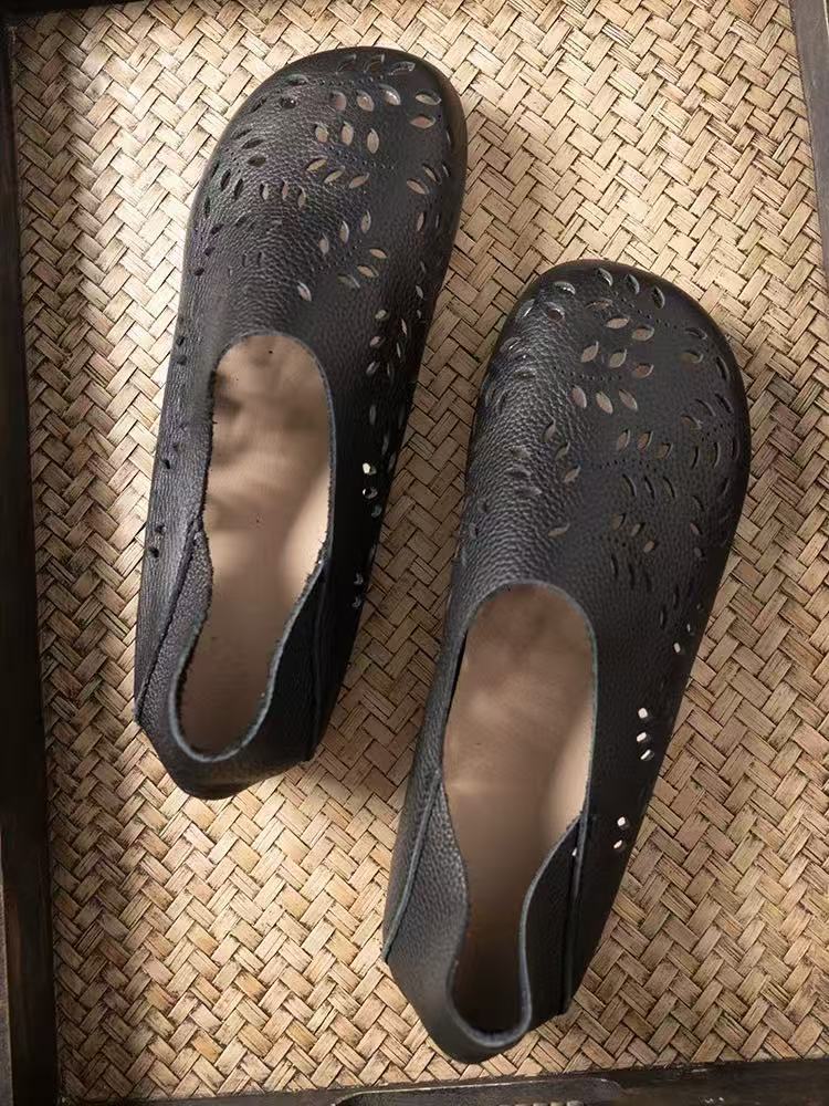 Women's Leather Loafers - Cut-Out Leaf Perforated Flat Sandals Casual Slip-On Summer Shoes