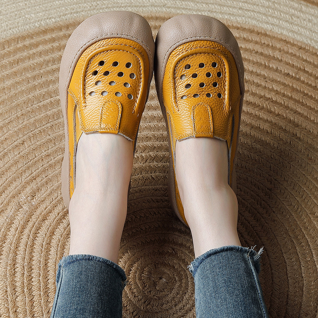 Women's Flats Vintage Hollow-Out Walking Shoes Leather Summer Loafers Retro Slip-On Platform Shoes
