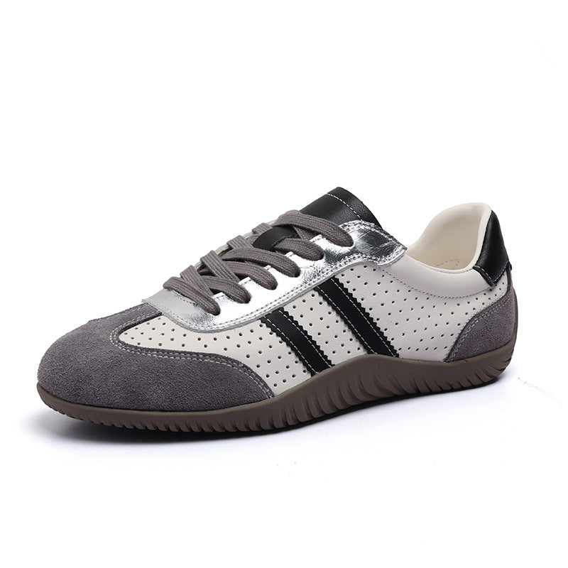 Women's Genuine Leather Retro Sneakers Patchwork Flat Lace Up Casual Walking Shoes