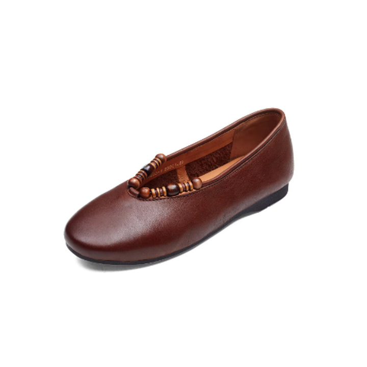 Women's Leather Ballet Flats - Vintage Beaded Loafers, Slip-on Round Toe Spring Summer Comfort Shoes