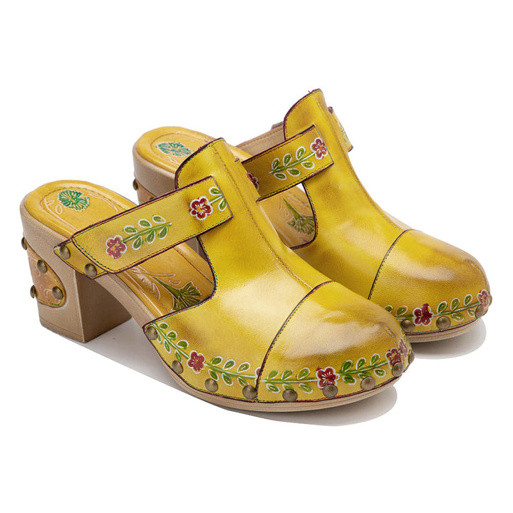 Boho Artisan Leather Mules for Women - Floral Printed Summer Sandals with Unique Studded Heel