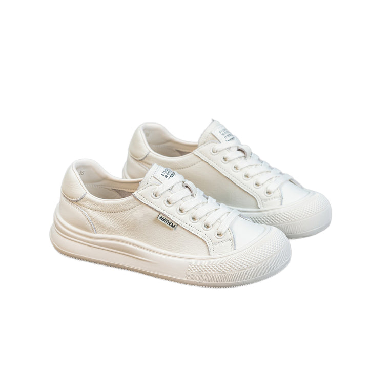 Women's Leather Low Top Sneakers Round Toe Lace Up Platform Canvas Style Shoes