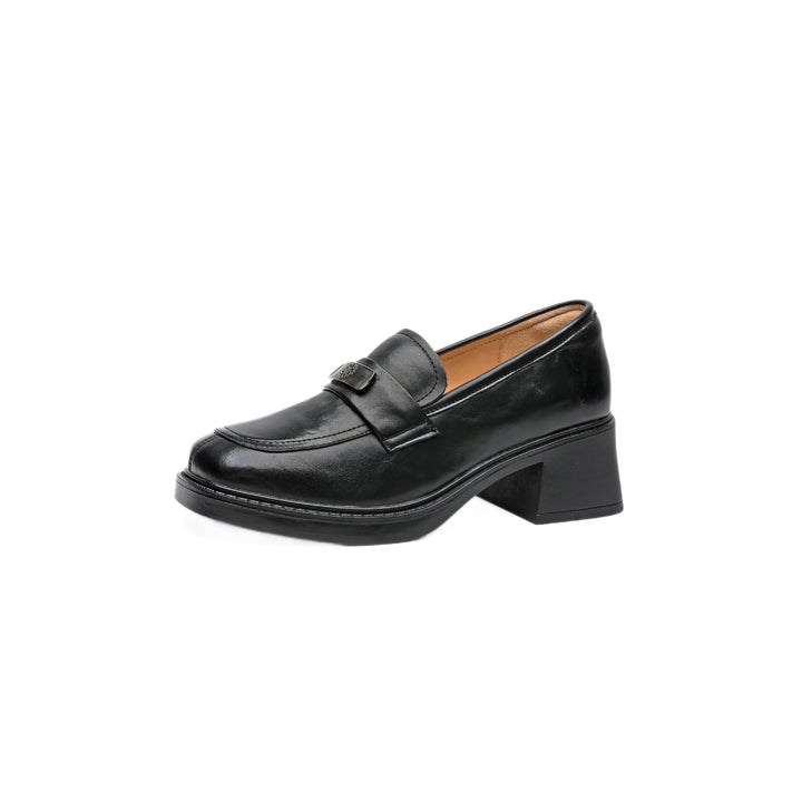 Women's Genuine Leather Heeled Loafers Chunky Block Heel Slip On Pumps