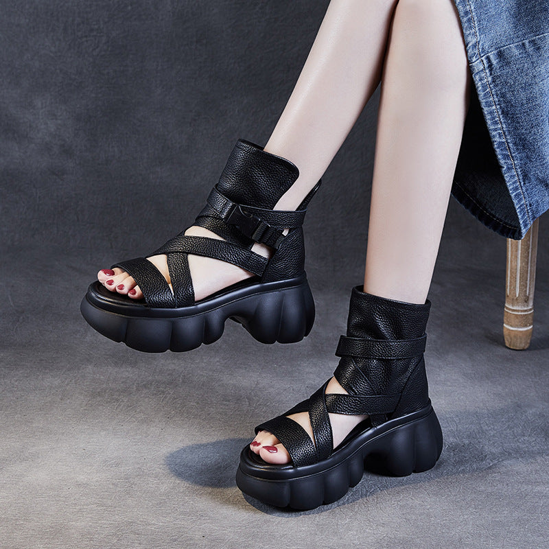 Women's Leather Sandals Boot - Platform Chunky High Heel Gladiator Booties, Elastic Strap Open Toe Summer Shoes