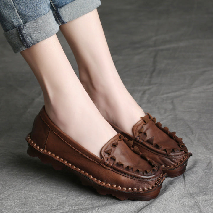 Womens Handmade Retro Leather Loafers Flat Shoes