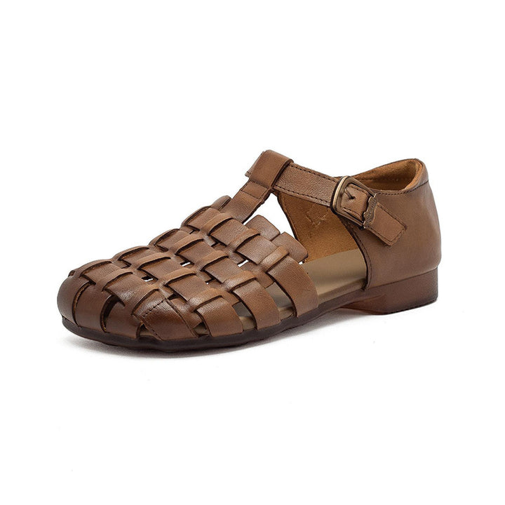 Women's Retro Woven Fisherman Sandals Vintage Leather Velcro Cage Flats