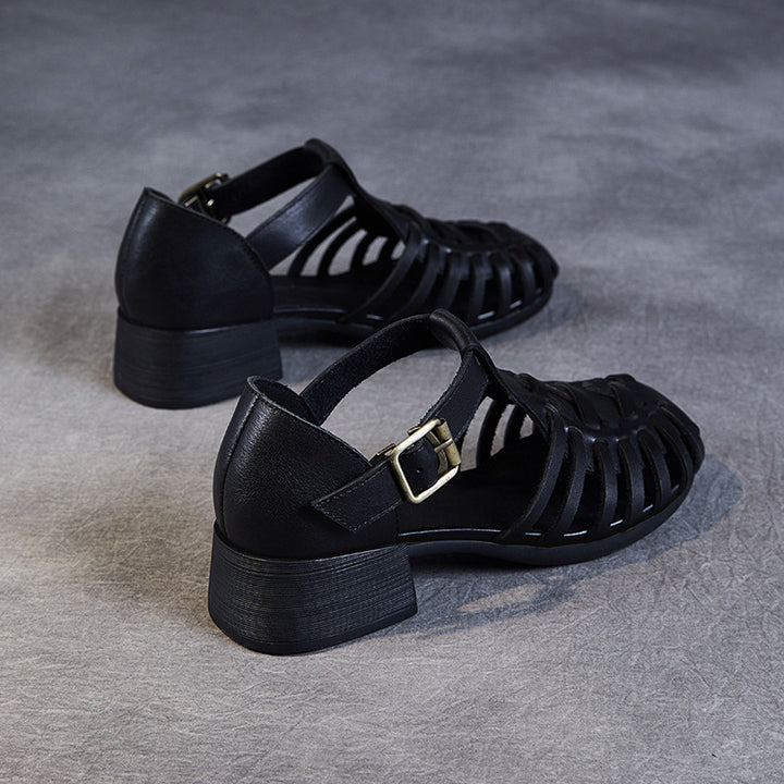 Women's Leather Fisherman Sandals - Vintage Interlocking Woven Closed Mid Block Heel Shoes with Buckle