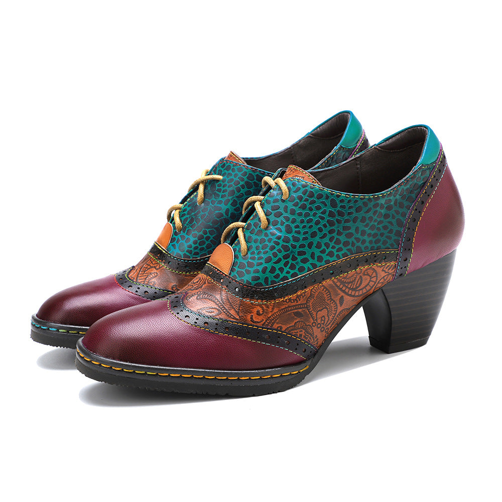 Women's Vintage Patchwork Sheepskin Oxford Pumps Square Toe Lace Up Chunky Heel Shoes