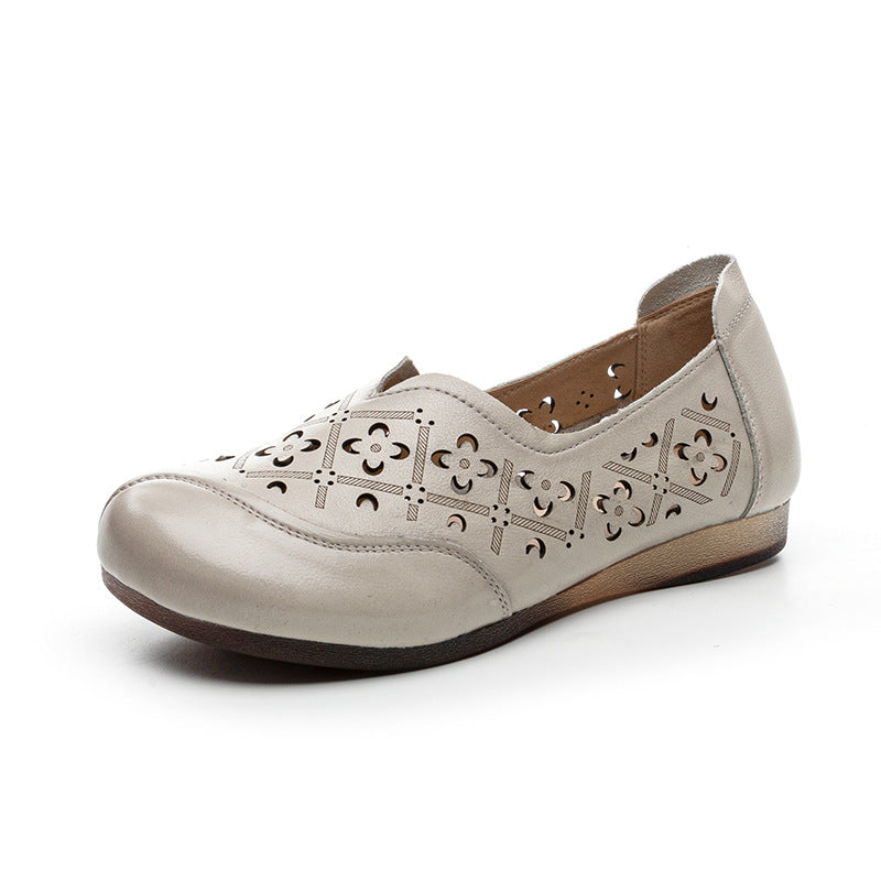 Women's Soft Leather Loafers - Hollow Out V-Neck Geometric Perforated Flats Round Toe Comfort Walking Shoes
