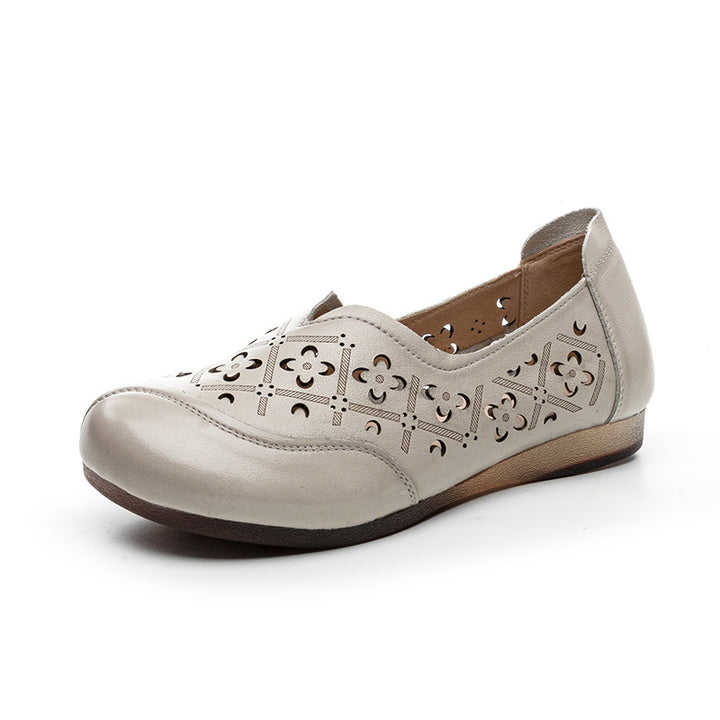 Women's Soft Leather Loafers - Hollow Out V-Neck Geometric Perforated Flats Round Toe Comfort Walking Shoes