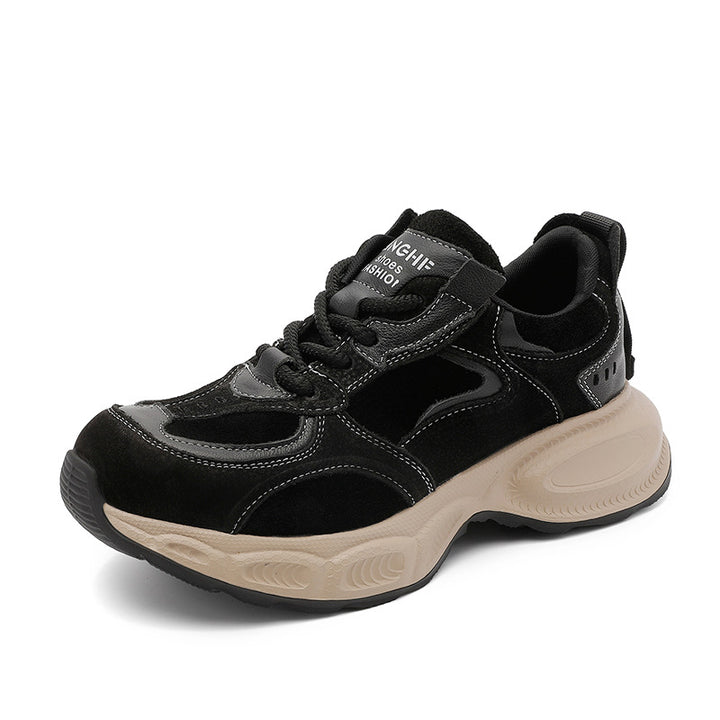 Women's Chunky Leather Sneakers Platform Dad Shoes Retro Lace Up Walking Trainers