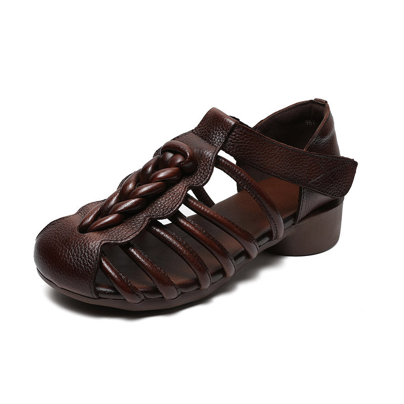 Breathable Leather Summer Sandals for Women - Round Toe Flat Walking Shoes with Velcro Strap
