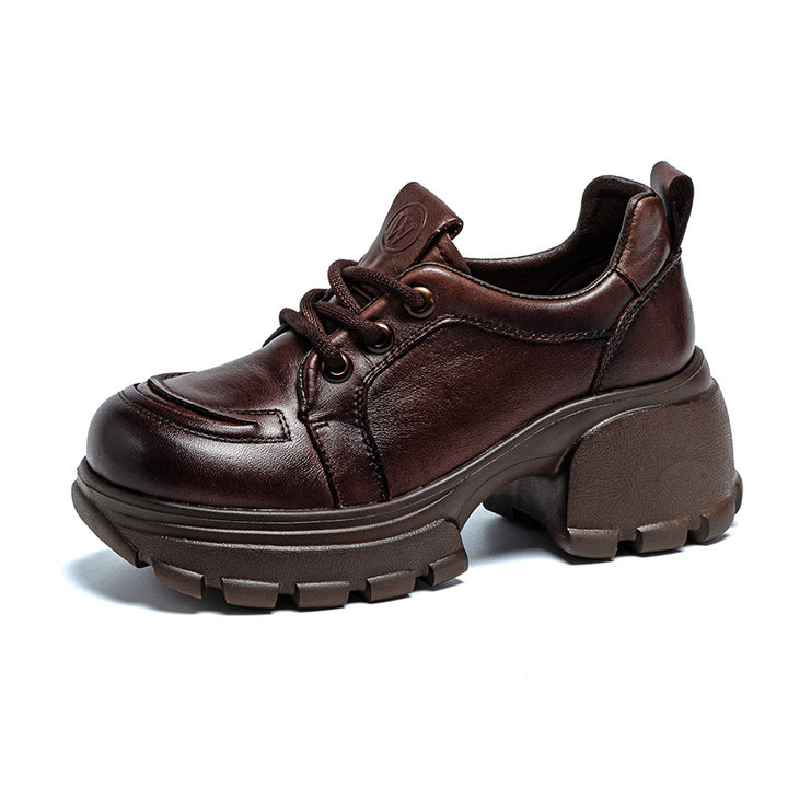 Women's Platform Genuine Leather Sneakers Chunky Heel Lace Up Casual Oxfords