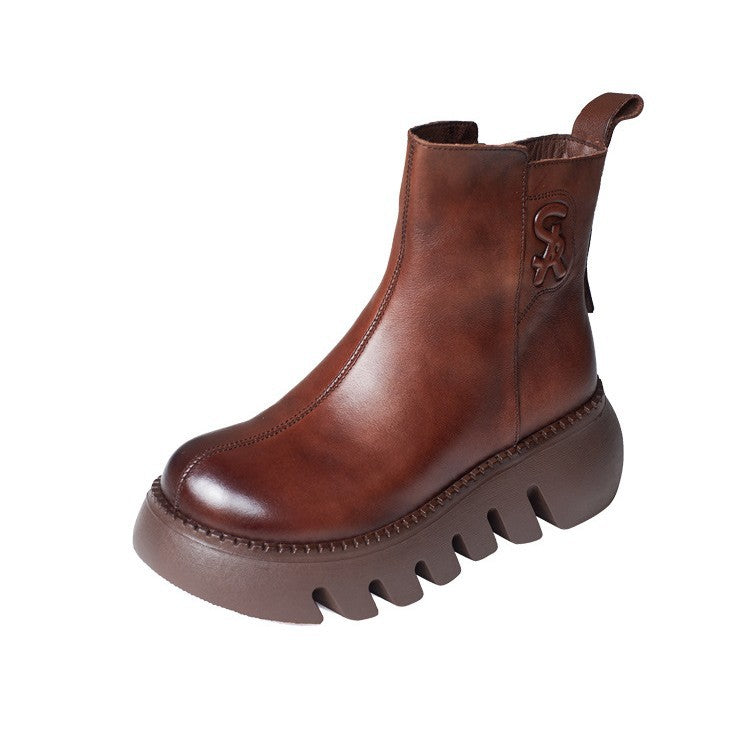 Women's Vintage Cowhide Platform Ankle Booties Round Toe Rubber Sole Winter Boots