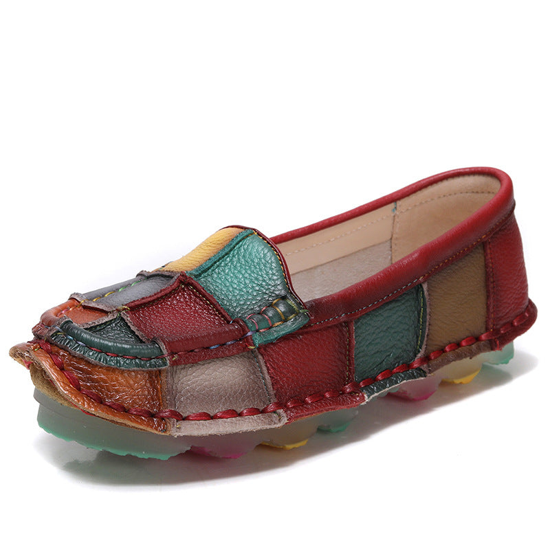Women‘s Retro Cowhide Loafers Vintage Round Toe Patchwork Slip-on Driving Flats