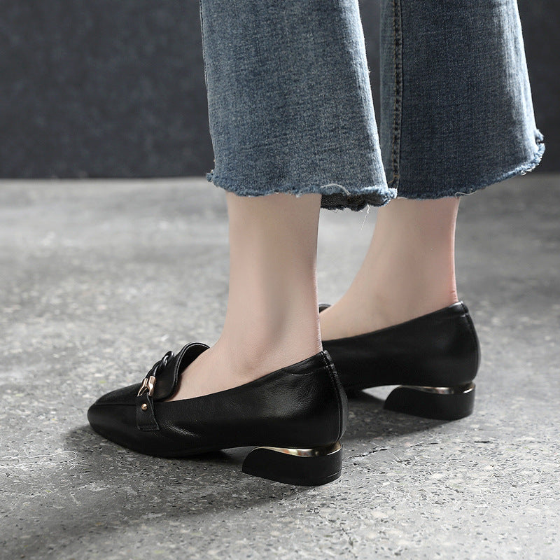 Women's Leather Loafers - Vintage Square Toe Dress Shoes, Comfort Block Heel Pumps