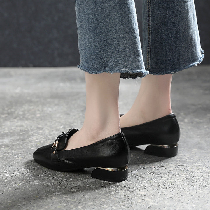 Women's Leather Loafers - Vintage Square Toe Dress Shoes, Comfort Block Heel Pumps