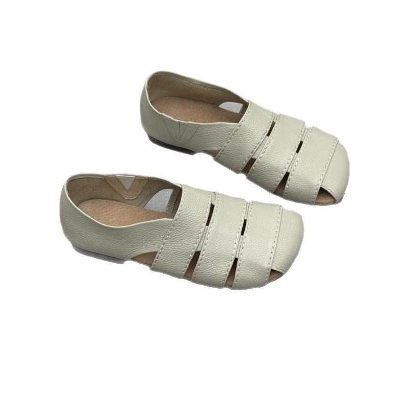 Women's Leather Hollow-Out Fisherman Sandals Casual Summer Retro Square Toe Shoes
