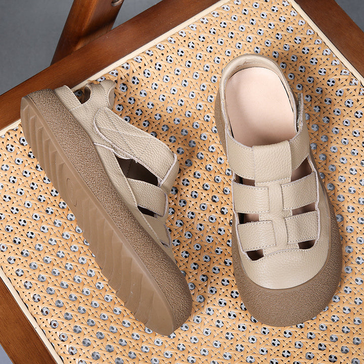 Women's Leather Sporty Fisherman Sandals - Closed Round Toe Casual Summer Walking Shoes with Velcro