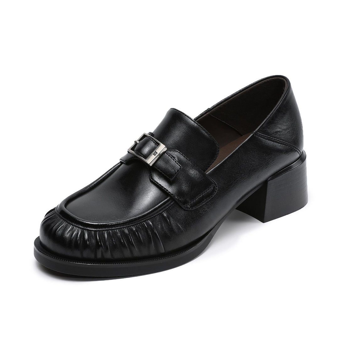 Women's Sheepskin Loafers - Ruched Leather Buckle Block Heel