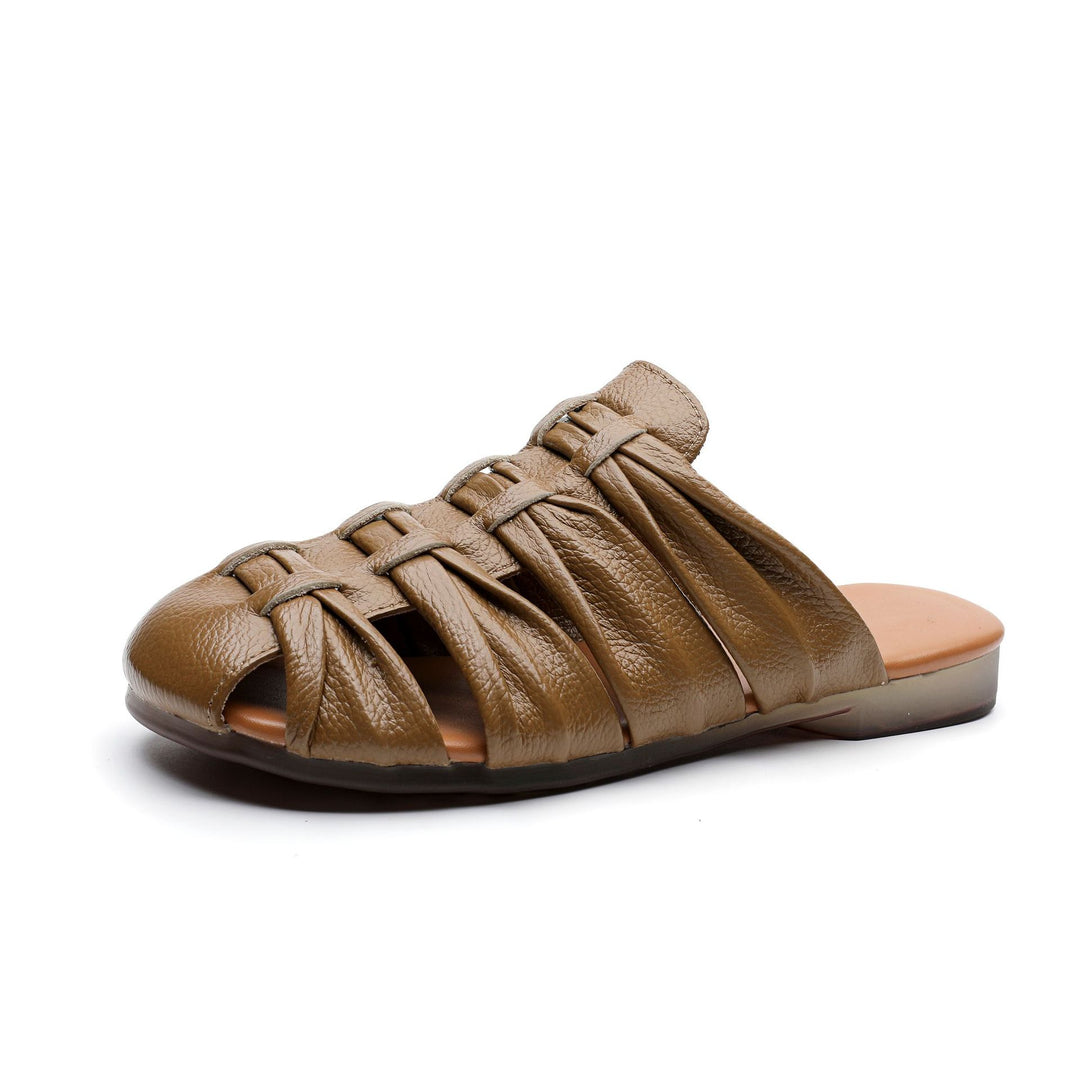 Women's Soft Leather Mules - Ruched Woven Closed Toe Flat Sandals Casual Slip-On Slide Slippers