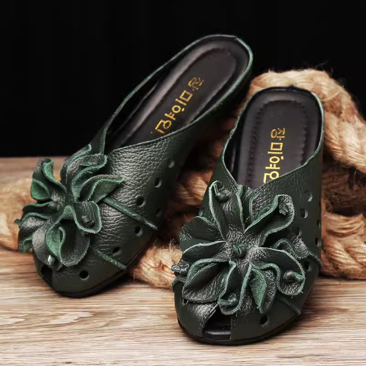 Women's Leather Mules - Retro Hollow Out Summer Sandals with Floral Detail, Slip-on Round Toe Flat Shoes