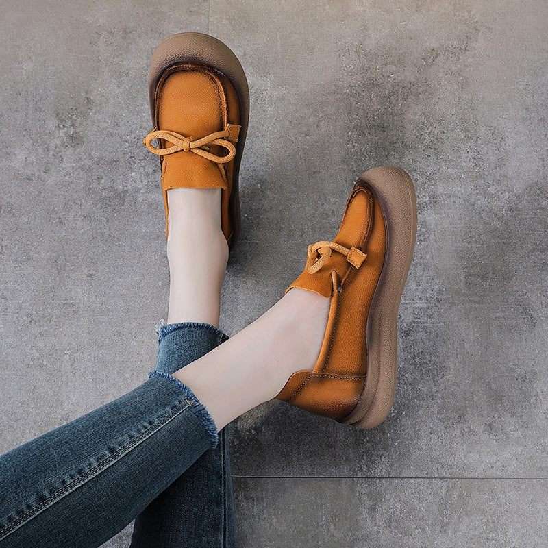 Women's Suede Leather Casual Loafers - Thick Platform Muffin Sole Comfort Walking Shoes with Bow Tie