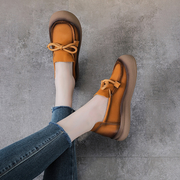 Women's Suede Leather Casual Loafers - Thick Platform Muffin Sole Comfort Walking Shoes with Bow Tie