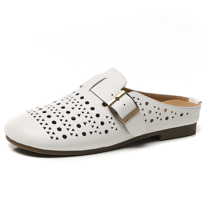 Women's Genuine Leather Buckle Mules Round Toe Backless Slip On Slides