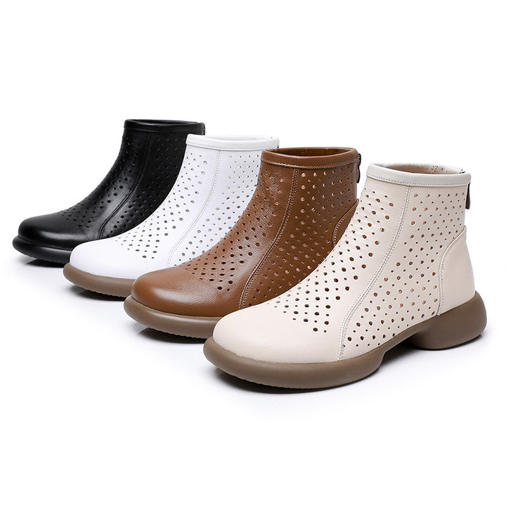 Women‘s Retro Cowhide Ankle Boots Vintage Round Toe Cutout Perforated Chunky Heels