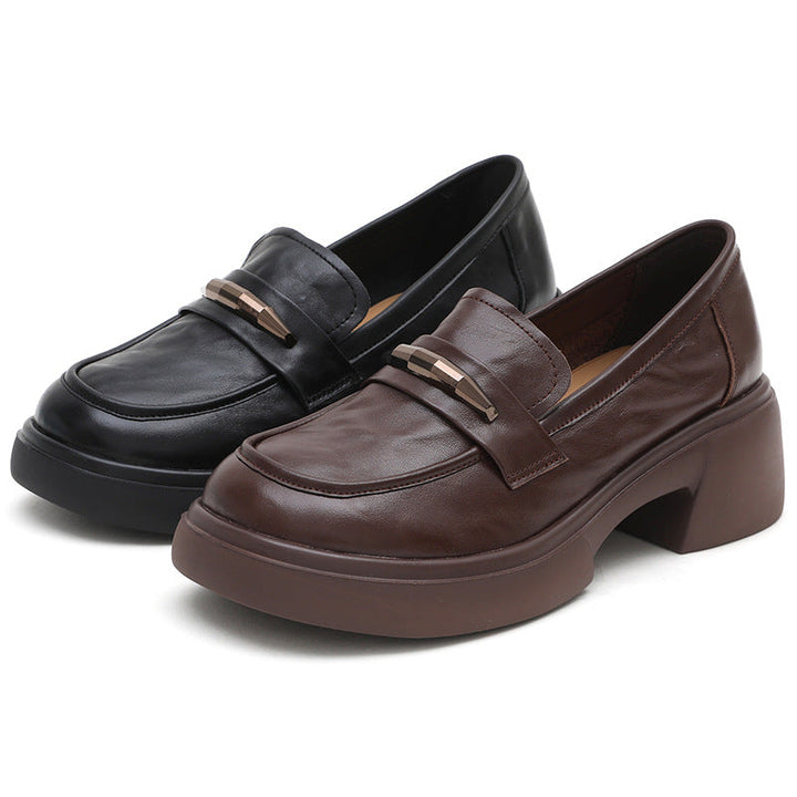 Women's Chunky Cowhide Loafers Platform Slip-On Modern Preppy Style