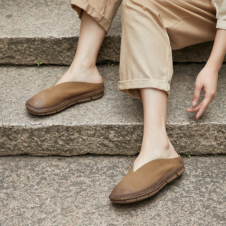 Women's V-Cut Soft Leather Flat Mules – Retro Minimalist Style
