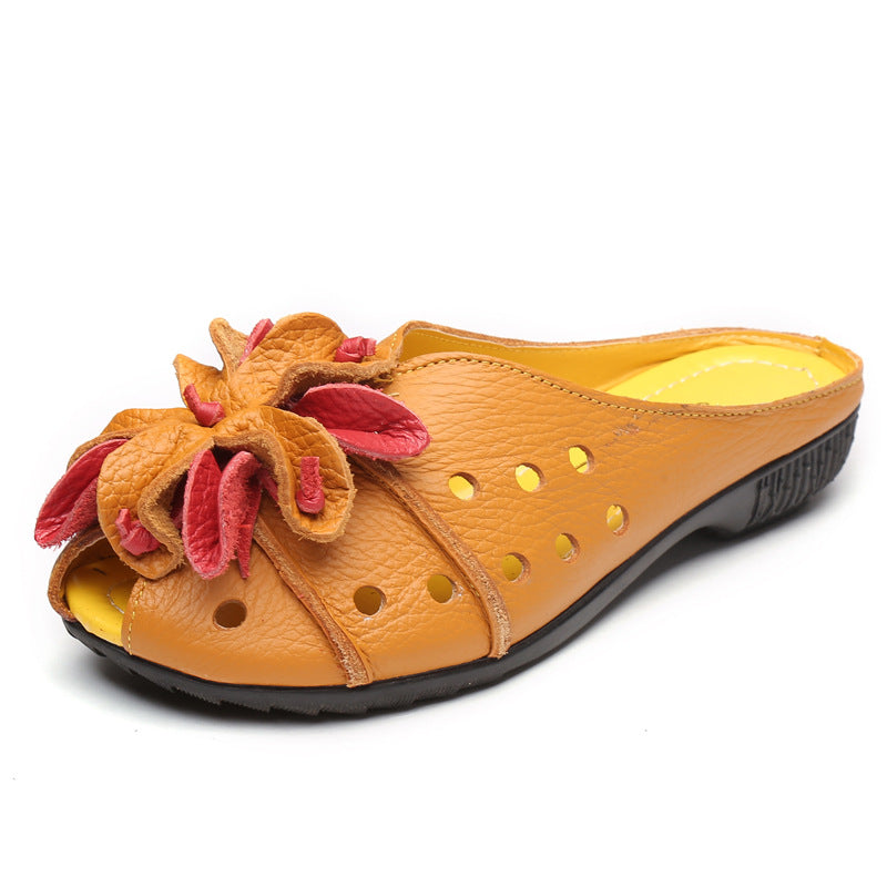 Women's Leather Mules - Retro Hollow Out Summer Sandals with Floral Detail, Slip-on Round Toe Flat Shoes