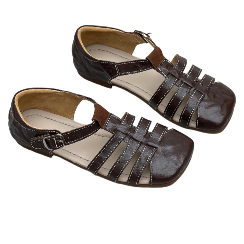 Women's Genuine Leather T-Strap Mary Jane Sandals Retro Square Toe Flats