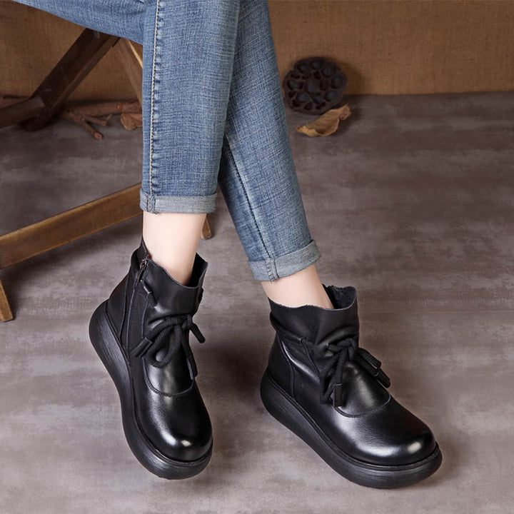 Women's Leather Ankle Boots - Platform Chunky Heel  Booties, Zipper Lace-up Fall Winter Shoes