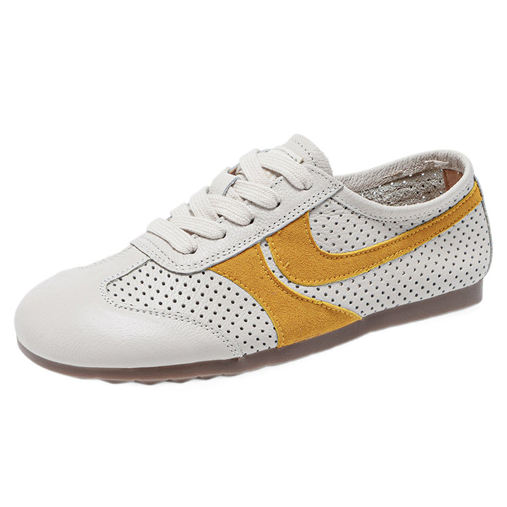 Women's Leather Perforated Sneakers Lace Up Breathable Flat Walking Shoes