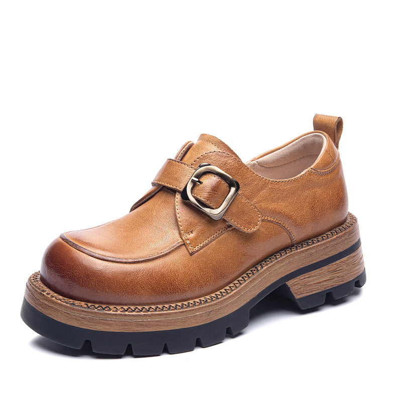 British Style Women's Chunky Loafers - Leather Oxford Shoes with Adjustable Velcro Strap