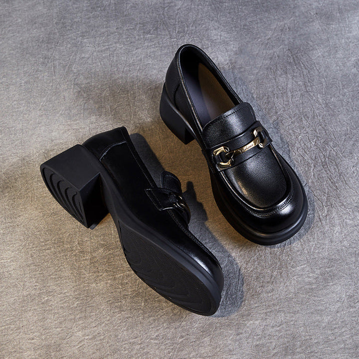 Women's Genuine Leather Loafers – Mid Heel Slip-On Shoes with Metal Accent