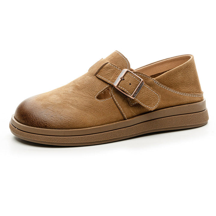 Vintage Leather Loafers - Women’s Round Toe Casual Flats with Adjustable Velcro Strap