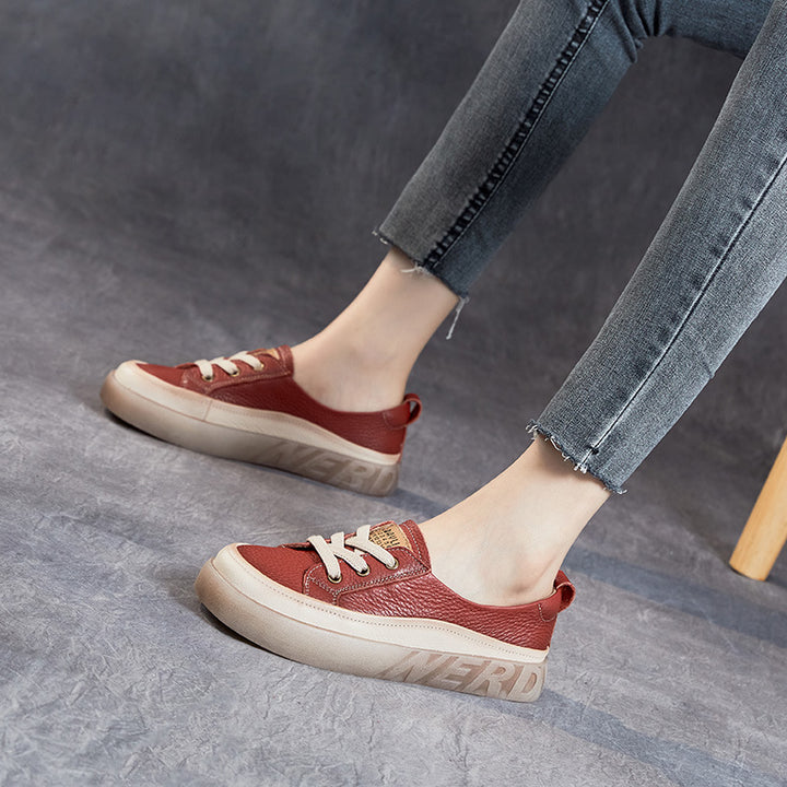 Women's Leather Casual Sneakers - Slip-On Round Toe Loafers Elastic Lace Walking Shoes