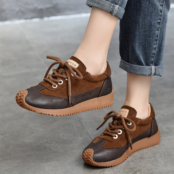 Women's Leather Patchwork Sneakers – Retro Casual Shoes