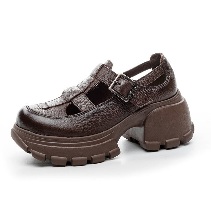 Handmade Leather Platform Sandals - Women's Chunky Round Toe Summer Gladiator Shoes