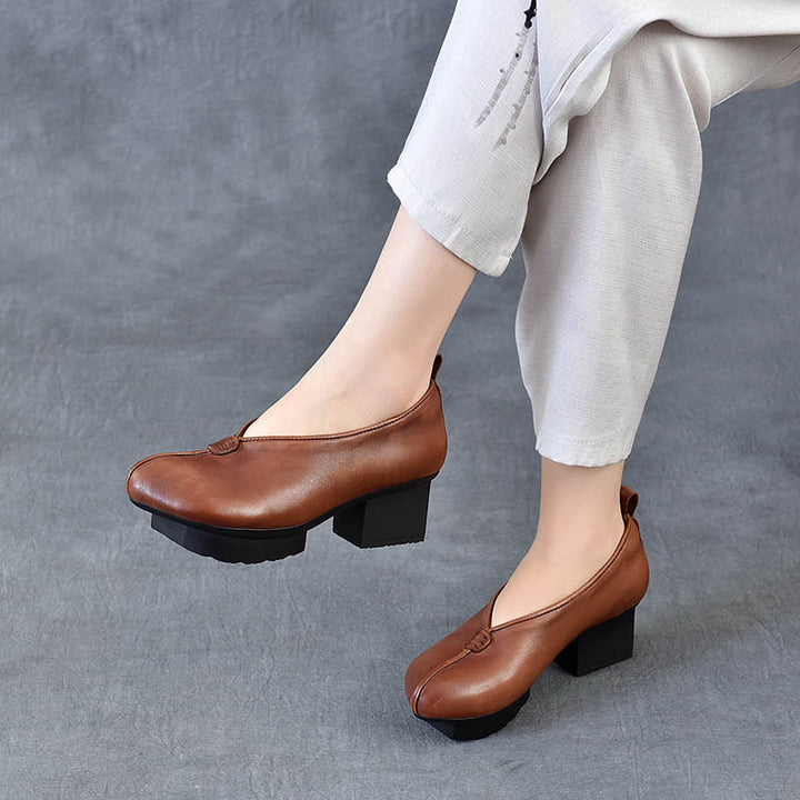 Women's Block Heel Leather High Heels – Slip-On Japanese Design