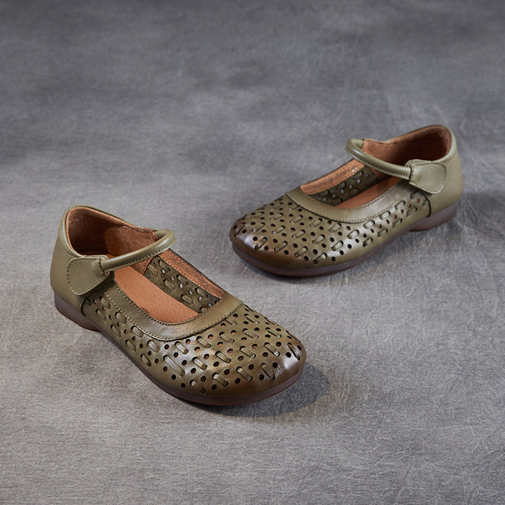 Women's Leather Mary Jane Sandals - Vintage Perforated Cut-Out Closed Round Toe Flat Shoes with Velcro