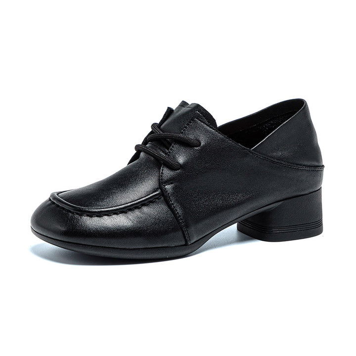 Women's Leather Pumps - Square Round Toe Lace-Up Low Block Chunky Heel Oxford Loafers