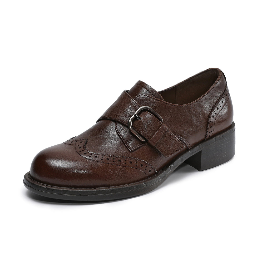 Women's Retro Leather Monk Strap Shoes Vintage Round Toe Brogue Chunky Heels