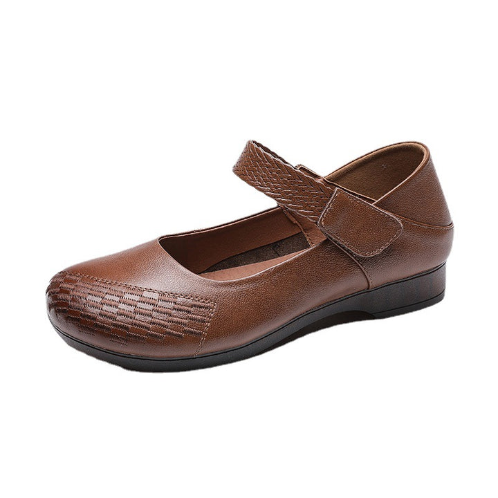 Women's Leather Mary Janes - Vintage Embossed Woven Toe Wedge Flats Comfort Walking Shoes