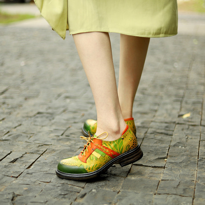 Sheepskin Leather Colorful Patchwork Flat Lace-up Women's Shoes